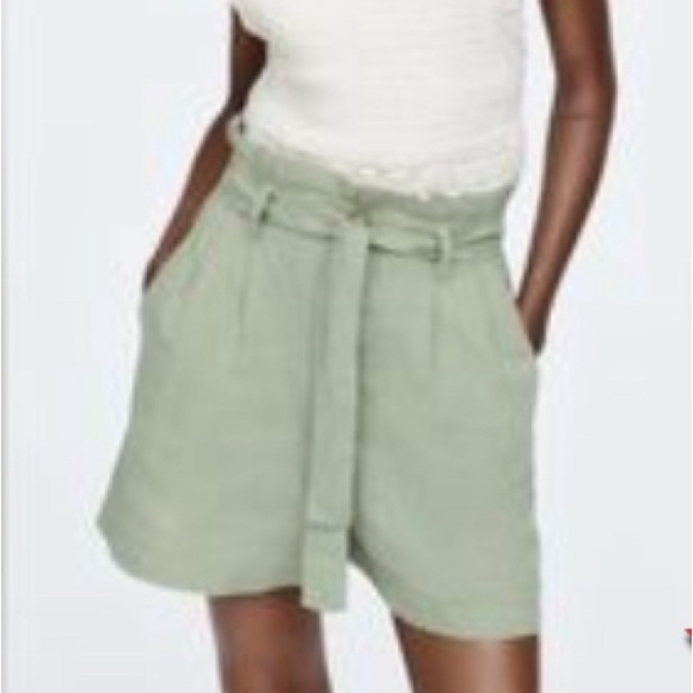 Zara sage green high waisted paper bag denim shorts